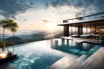 The shimmering pool of an apartment on top of a majestically beautiful hill, where residents can swim amidst the clouds, surrounded by panoramic views