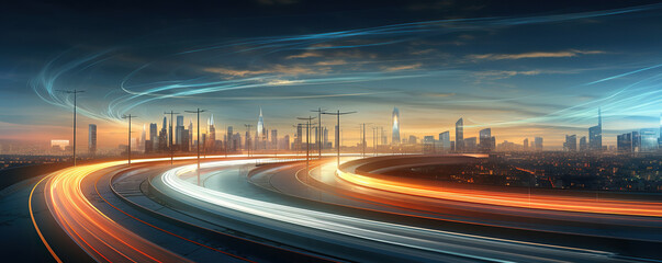 a city with light trails on a highway at night time, in the style of light teal and orange  