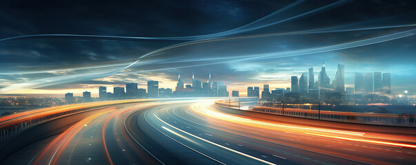 a city with light trails on a highway at night time, in the style of light teal and orange  