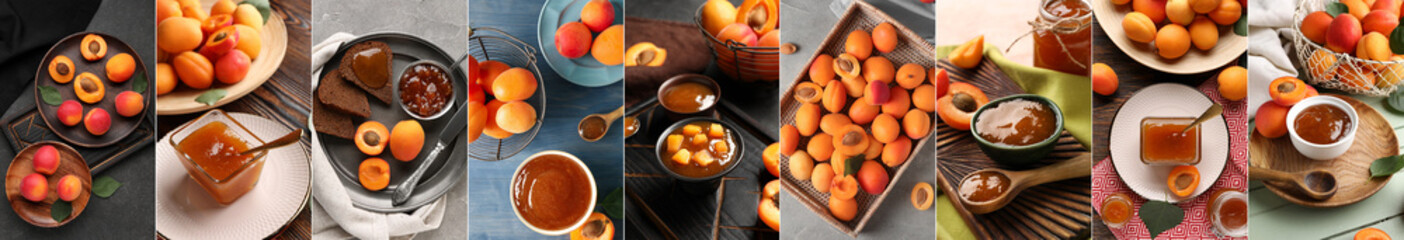 Set of sweet apricots and tasty jam on table