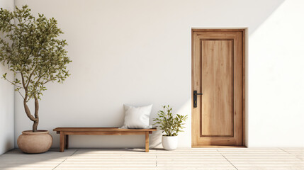 front door White wall and wooden bench