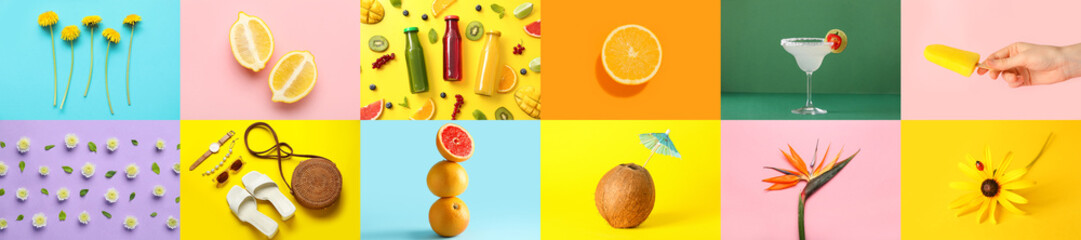 Bright summer collage with tropical fruits, flowers, female accessories, cold cocktail and ice...