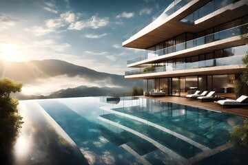 Fototapeta na wymiar The shimmering pool of an apartment on top of a majestically beautiful hill, where residents can swim amidst the clouds, surrounded by panoramic views