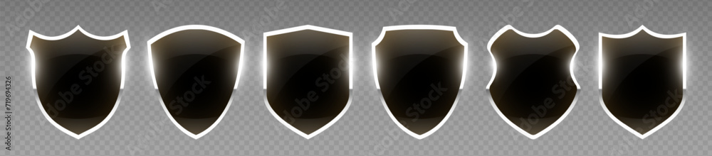 Wall mural set of vector shields. black glossy shield collection with silver frame. banner set with shiny frame