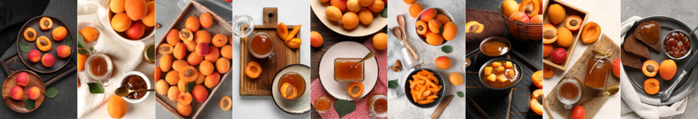 Collage of sweet apricots and tasty jam on table - obrazy, fototapety, plakaty
