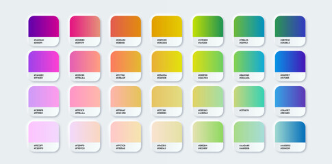 Color Gradient Guide Palette Catalog Samples in RGB HEX. Pastel and Neon Colour Pantone. Vector templates
