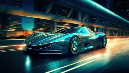 Zelfklevend Fotobehang the futuristic elan concept car driving along a city road at night time, in the style of vray tracing   © Koray