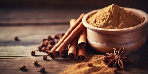 Cinnamon sticks are decorated on a wooden table with cinnamon powder, bringing health benefits. - obrazy, fototapety, plakaty