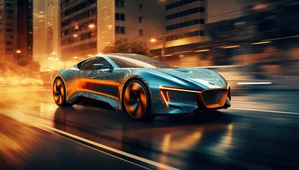 Foto op Canvas the futuristic elan concept car driving along a city road at night time, in the style of vray tracing   © Koray
