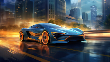 the futuristic elan concept car driving along a city road at night time, in the style of vray...