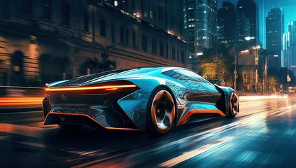 Poster the futuristic elan concept car driving along a city road at night time, in the style of vray tracing   © Koray