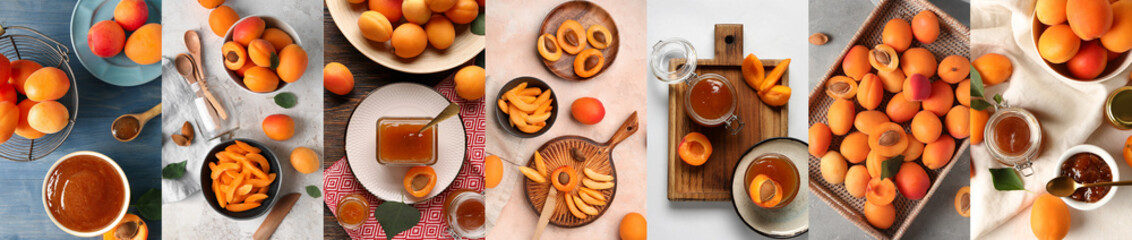 Fototapeta na wymiar Collage of sweet apricot jam on table, top view