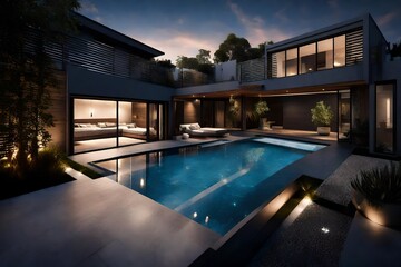 Twilight descending on a townhouse with swimming pool, where ambient outdoor lighting paints a scene of tranquility and urban luxury.
