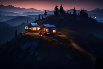 Twilight settling upon a mobile home on top of a majestically beautiful hill, its lights offering a beacon of warmth in the encroaching darkness