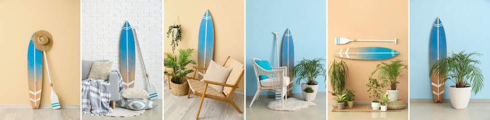 Wooden surfboard with paddle and hat near beige wall