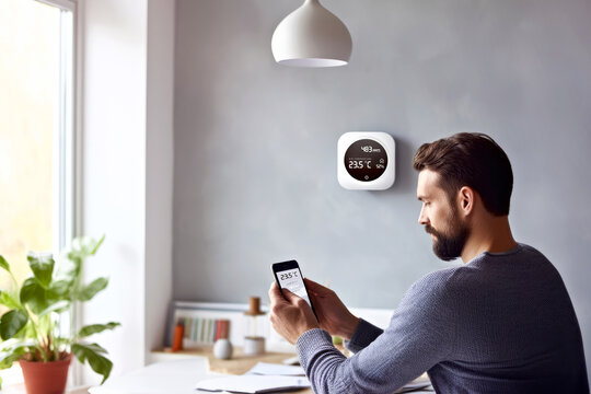 A man synchronizes a thermostat to a smartphone app, managing climate control wirelessly. Concept of smart home
