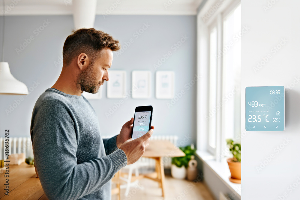 Wall mural man is adjusting a temperature using a smartphone with smart home app in interior modern living room
