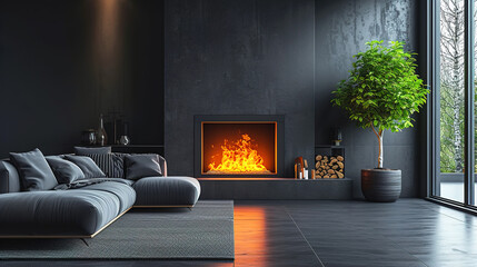 Beautiful Dark Living room with concrete walls and fireplace with a beautiful background