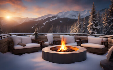 Outdoor fireplace Fire Pit in a snowy setting on a restaurant terrace in the mountains in a ski resort - obrazy, fototapety, plakaty