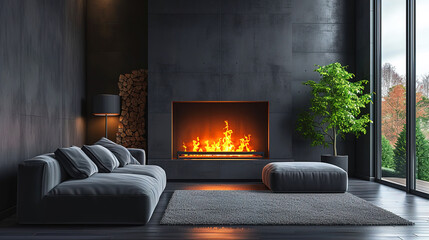 Beautiful Dark Living room with concrete walls and fireplace with a beautiful background