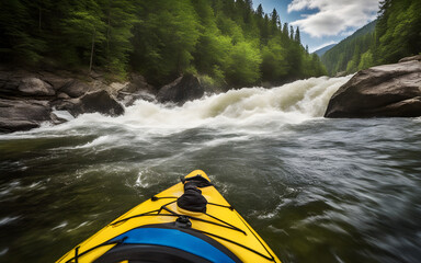 Rear view of a kayaker, with a double-bladed paddle, down a white water rapid river in the mountains