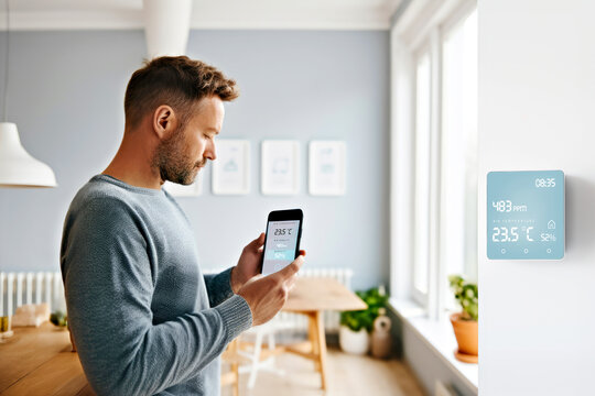 Man is adjusting a temperature using a smartphone with smart home app in interior modern living room. Concept of wireless synchronization of thermostat with mobile devices