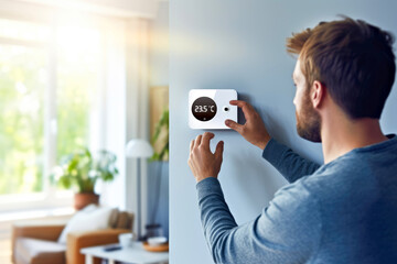 Young adult male fine-tuning a smart home thermostat in a contemporary, bright sun lit living space. Concept of smart home technology for everyday comfort living and domestic life. Copy space - obrazy, fototapety, plakaty
