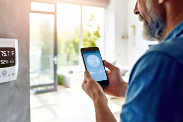 Focused man engaging with smart home technology, using a smartphone app to manage home climate efficiently. Concept of wireless synchronization of thermostat with mobile devices