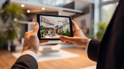 Gros plan sur les mains d'un agent immobilier en train de prendre en photo l'intérieur d'une maison. 