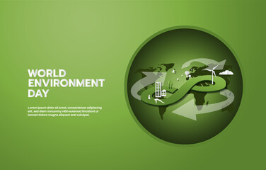 World Environment Day, green city save planet of people and living things and energy concept, paper illustration and 3d paper.