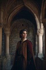 Naklejka premium Man in Long Coat Standing in Building. Generative AI.