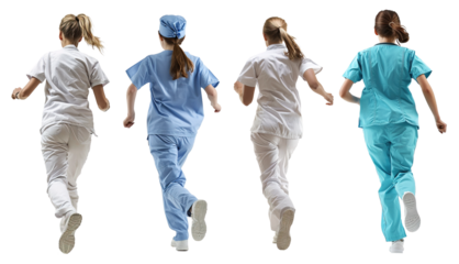 Back view collection set of female nurse running over isolated transparent background