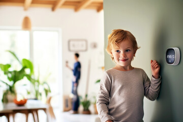 Cheerful young child in a smart home adjusting a digital thermostat with family member in background in a modern room. Concept of smart home technology for everyday comfort living and domestic life - obrazy, fototapety, plakaty