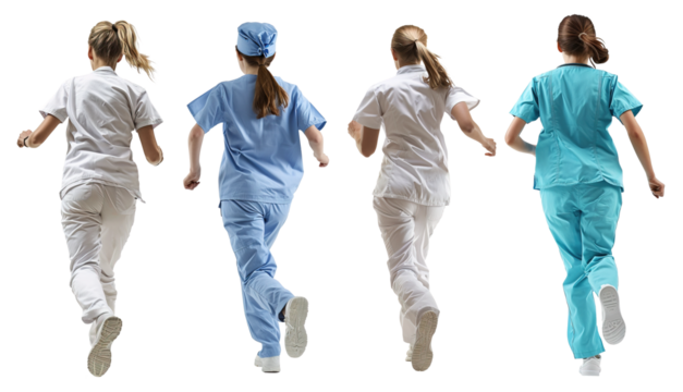 Back view collection set of female nurse running over isolated transparent background - Powered by Adobe