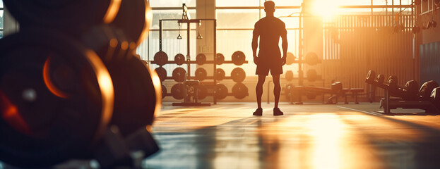Silhouette of man standing in the gym under golden hour coming through the windows