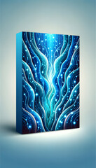 3D Digital Art Canvas in Gallery with Luminous Blue Circuitry and Organic Shapes - Concept of Technology and Nature Fusion