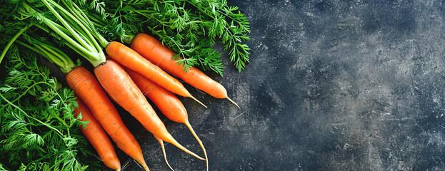 Top view background of a fresh carrots crop with copy space over marble backgorund - obrazy, fototapety, plakaty