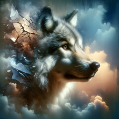 Surreal Ethereal Wolf Portrait in Glass Fragments with Swirling Sky - Concept of Wild Nature's Fragility and Transformation