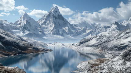 Fototapeta na wymiar a mountain Everest lake is covered with snow with mountains around it Generative AI