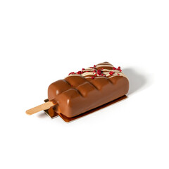 Ice cream glazed in chocolate coating on stick isolated on white background. Candy bar, sweets and dessert