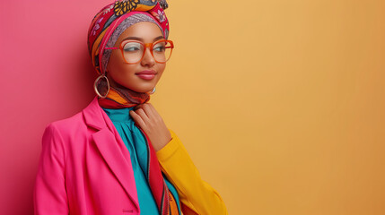 Modern colorful stylish photograph of a muslim woman wearing a hijab in dynamic shot happy and positive.
