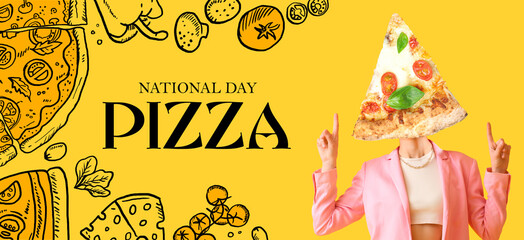 Stylish young woman with piece of tasty pizza instead of her head showing something on yellow background