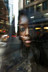 Obraz premium African American woman city street photography with double exposure effect. Vertical image
