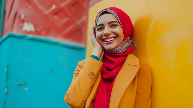 Modern colorful stylish photograph of a muslim woman wearing a hijab in dynamic shot happy and positive.