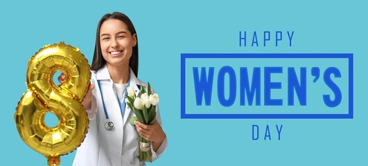 Greeting banner for International Women's Day with beautiful doctor on light blue background