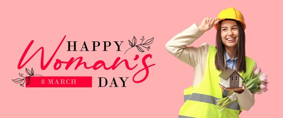 Greeting banner for International Women's Day with beautiful architect on pink background