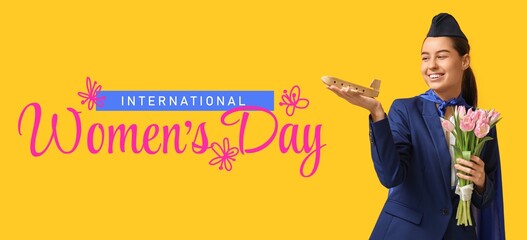 Greeting banner for International Women's Day with beautiful stewardess on yellow background