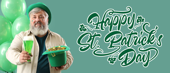 Funny bearded man with beer, balloons and leprechaun's hat on green background. Banner for St....