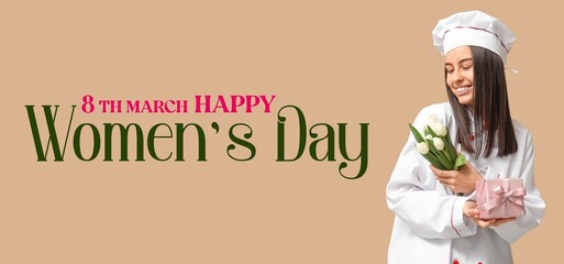 Greeting banner for International Women's Day with beautiful chef on beige background