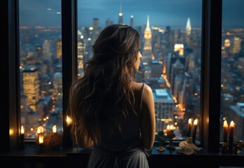 As the city lights danced on the buildings and the night sky, a woman stood gazing out of the window, her clothing blending in with the metropolis below, lost in thought amidst the bustling downtown 